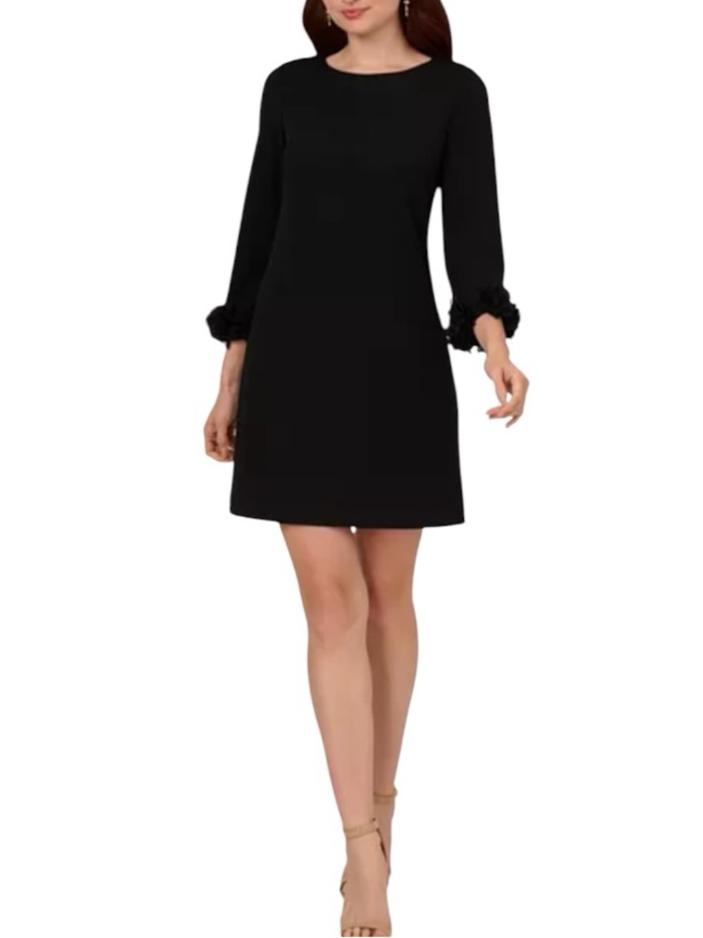 Adrianna Papell Black Crepe Shift Dress 3D Floral Cuff Cocktail Size 14 NWT